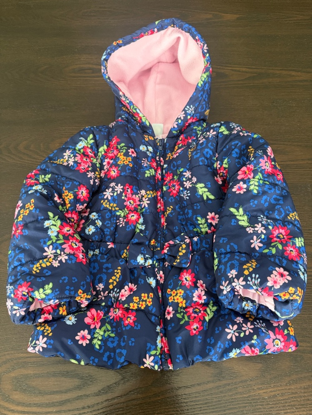 Little Me Navy Floral Hooded Puffer with Pink Lining and Bow